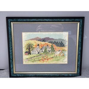 Framed Needlepoint Rural Village Scene Autumn Colors 12" x 10"